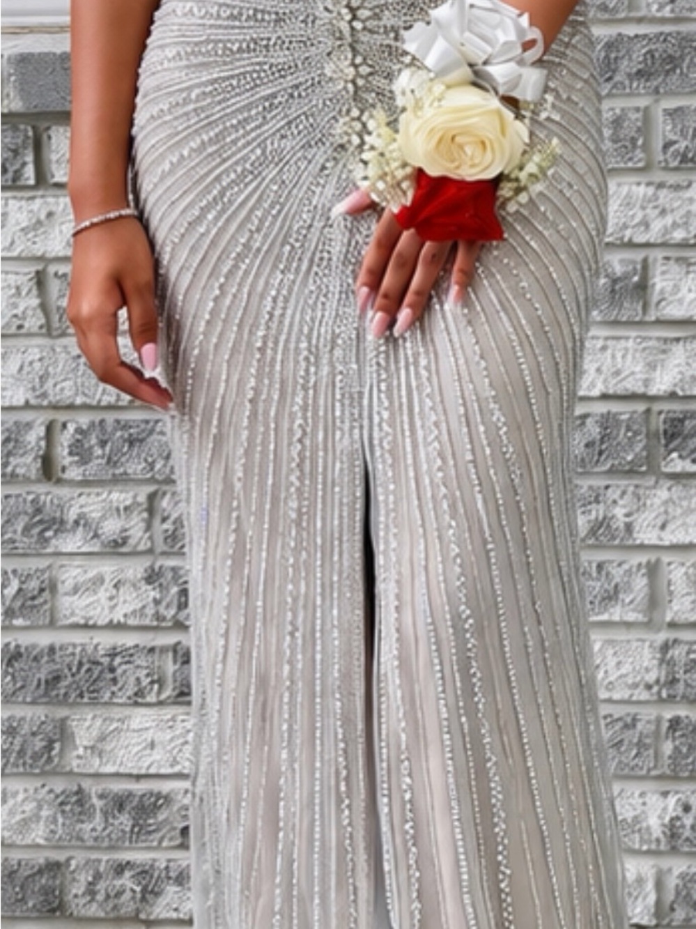 Embellished Silver Evening prom gown Elegant Beaded Detail